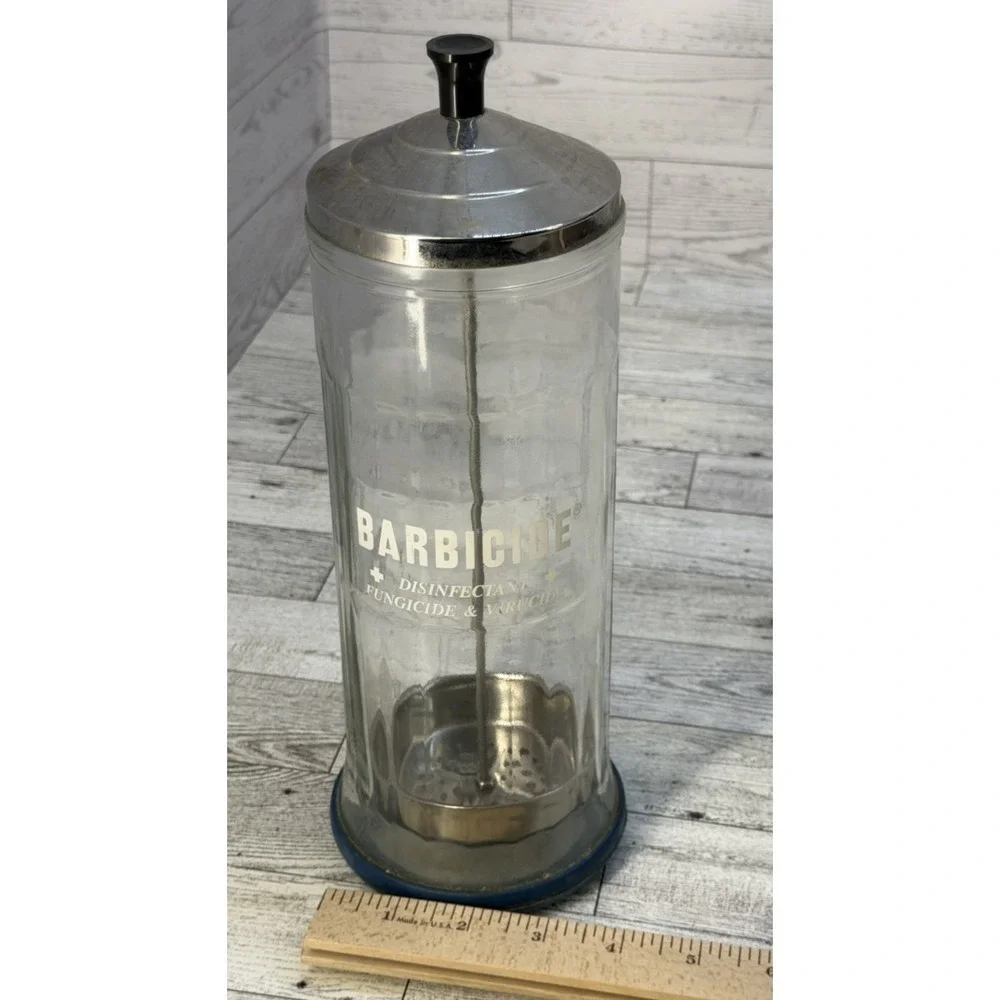 Vintage Barbicide Jar Glass Barber's Shop Decor Comb Storage‎ Disinfectant King